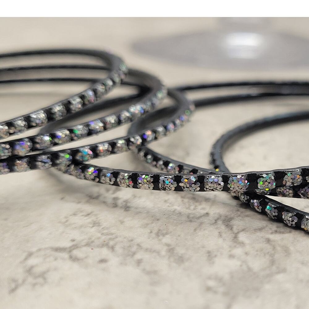 Black with Iridescent Glitter Thin Metal Bangles Metallics Stack of 6